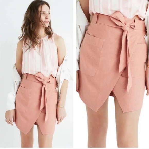 🩷MADEWELL - light pink mini skirt 100% silk asymmetrical front  skirt - size 10 - Picture 2 of 10